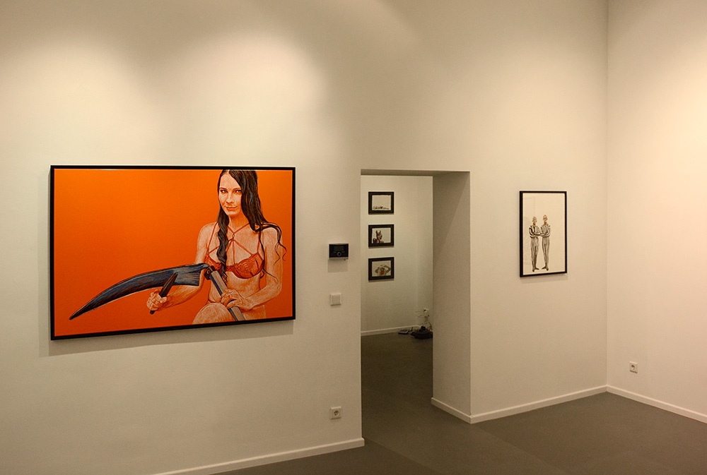 girl with scythe, 2014, Lackstift auf Lackstoff, Keilrahmen, gerahmt, 100 x 150 cm